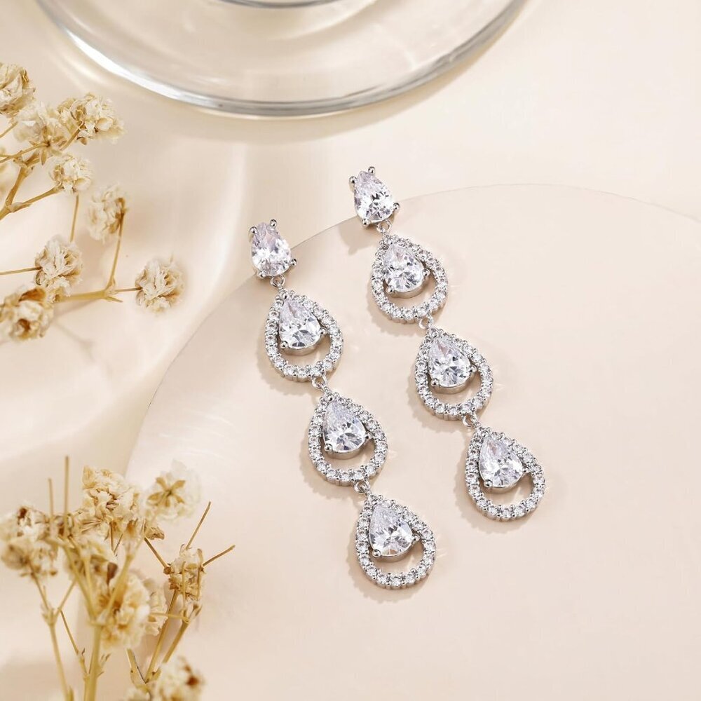 Sterling Silver Dangle Earrings Cubic Zirconia Wedding Bridal Jewelry - Picture 6 of 6